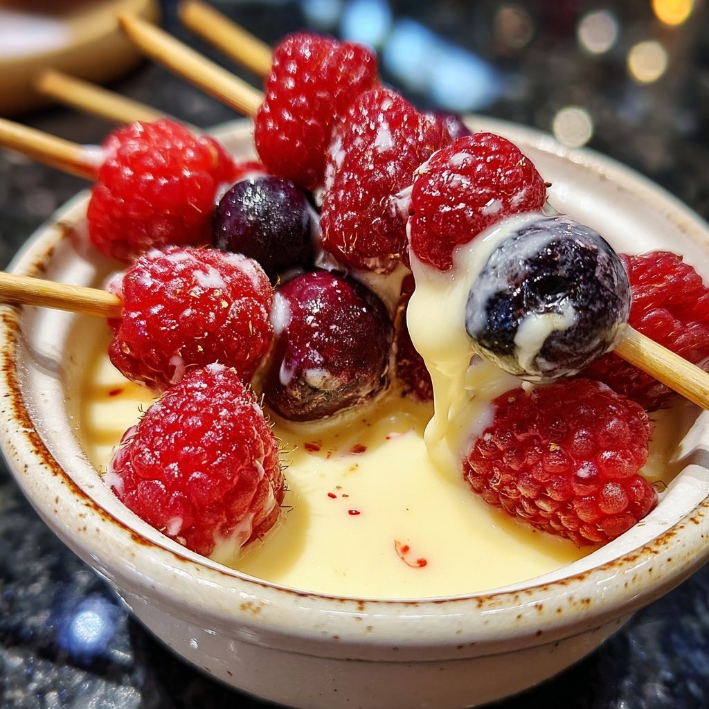 Fondue mit weißer Schokolade und Beeren
