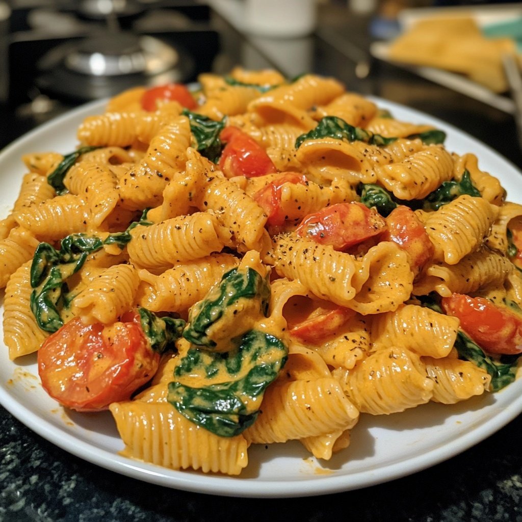 One-Pot Pasta mit Tomaten & Spinat